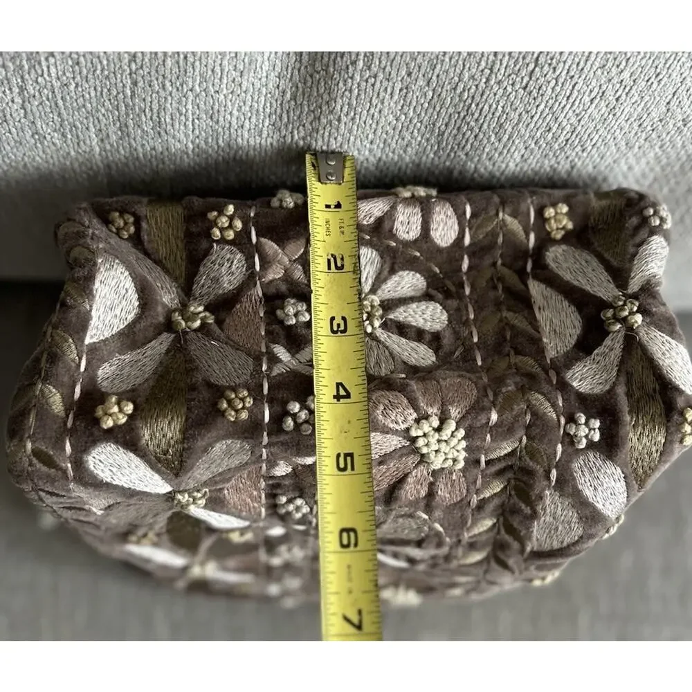 Velvet Bohemian Floral Embroidery Pouch Cosmetic Bag Brown